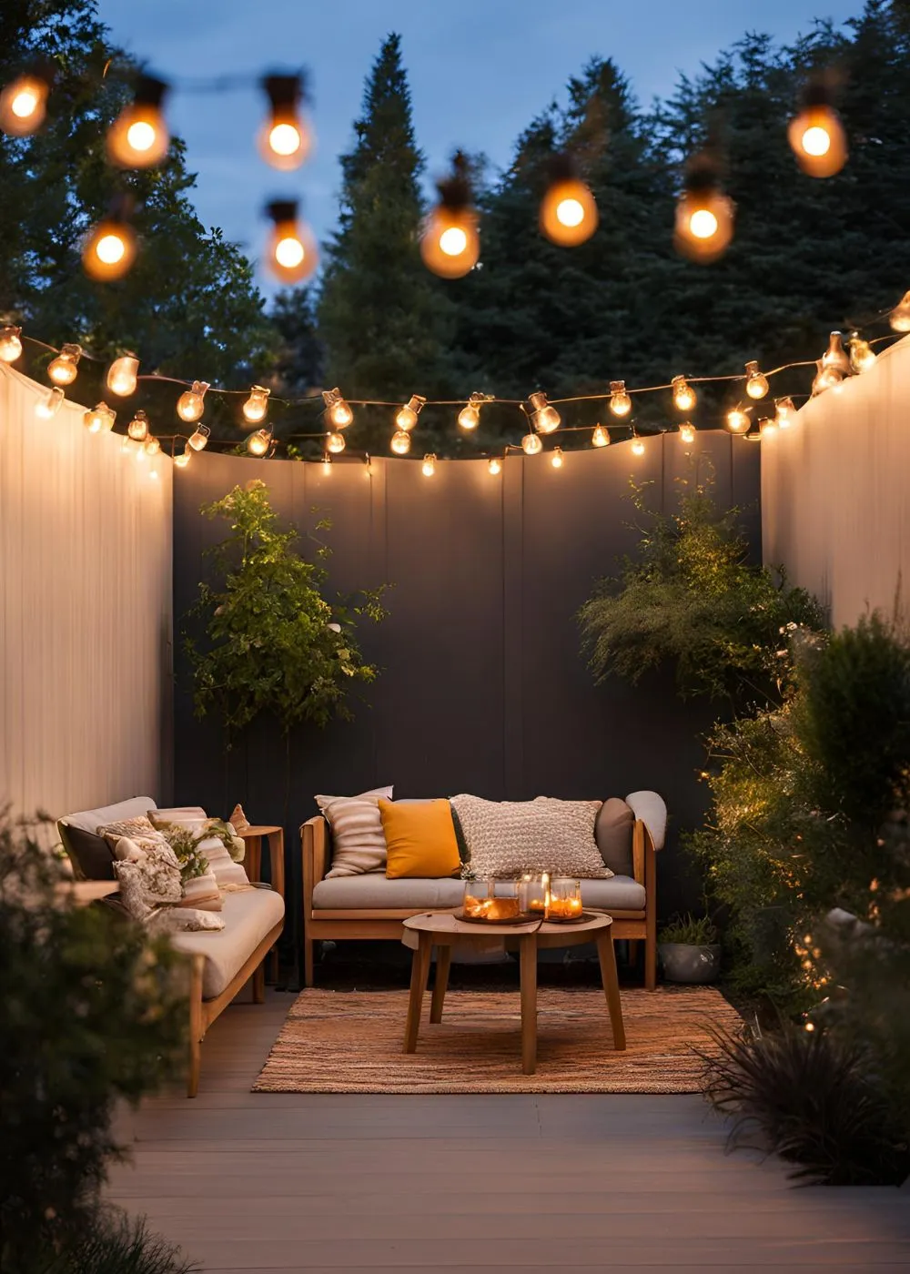 Hanging String Lights in Tiny Backyard Design
