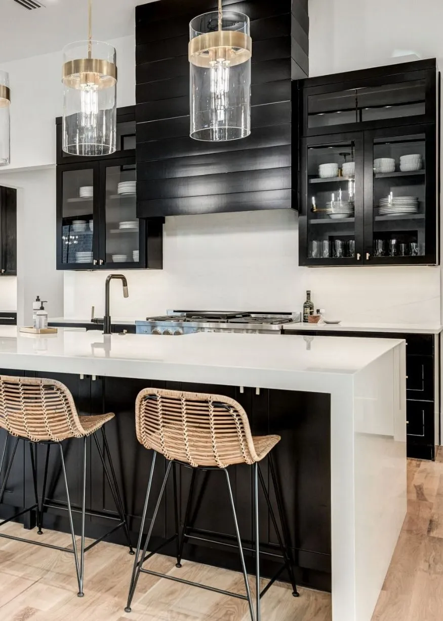 Black Countertops with Waterfall Edge for Black and White Kitchen