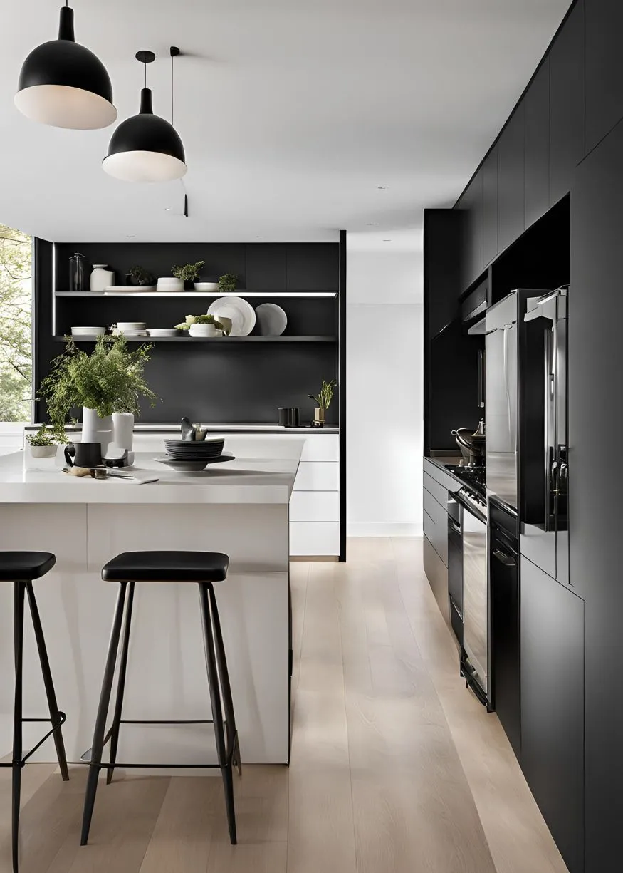 Black Pendant Lights for Black and White Kitchen
