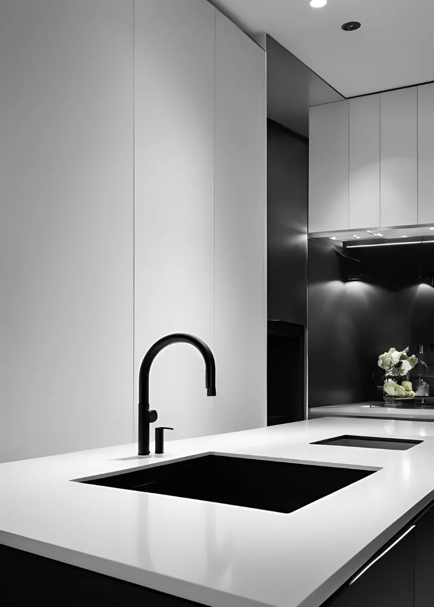 Black Sink and Faucet for Black and White Kitchen