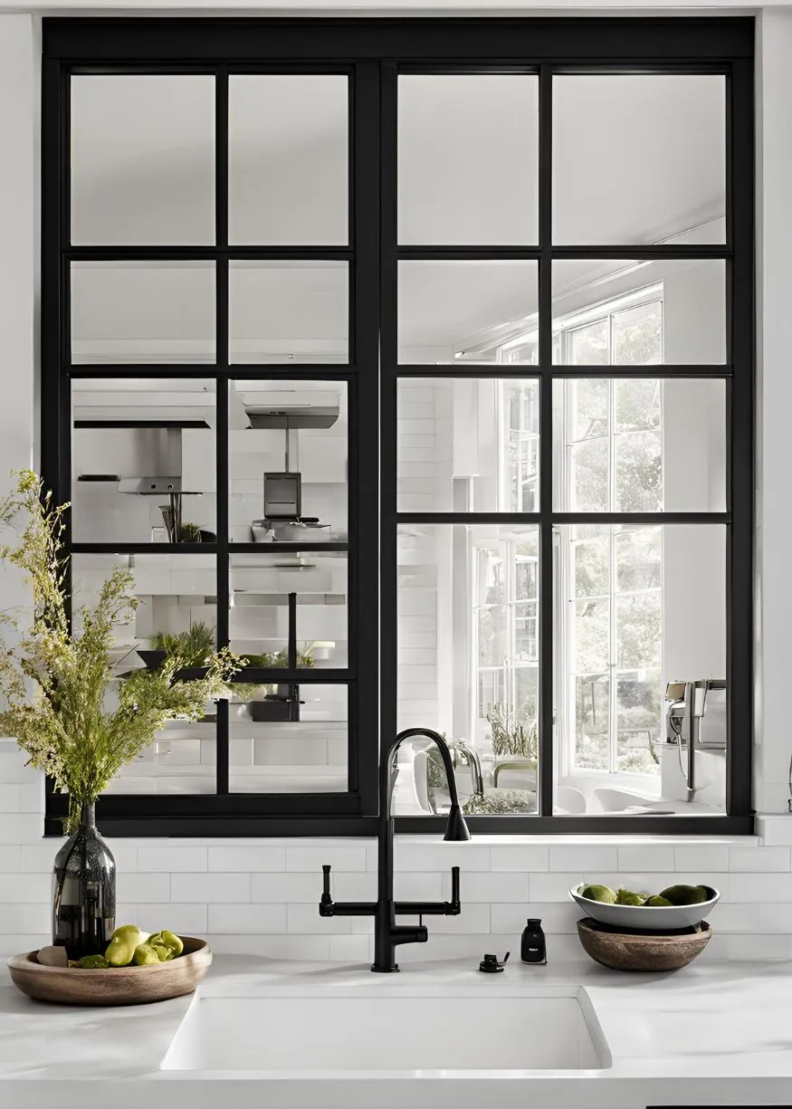 Black Window Frames for Black and White Kitchen