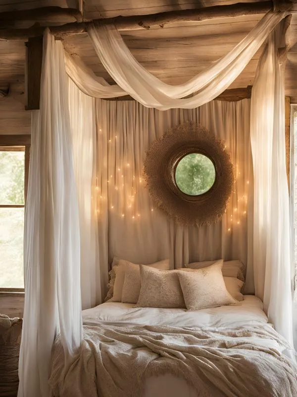 Canopy Bed with Gauzy Curtains for Boho Farmhouse Bedroom
