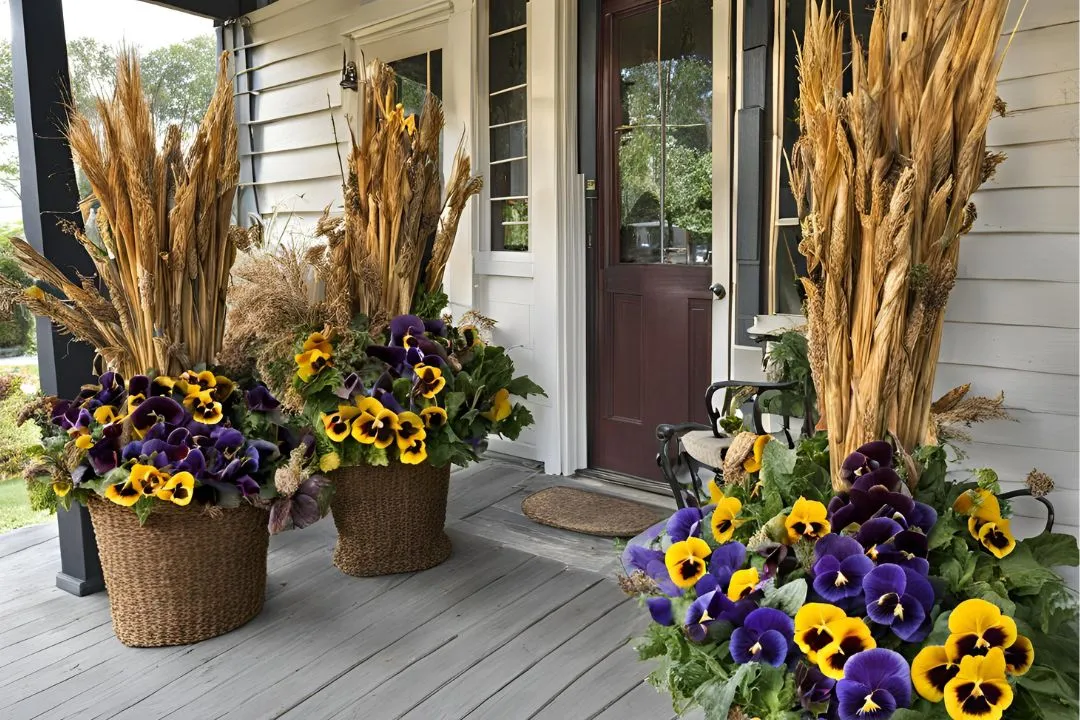 Dried Cornstalks and Pansies