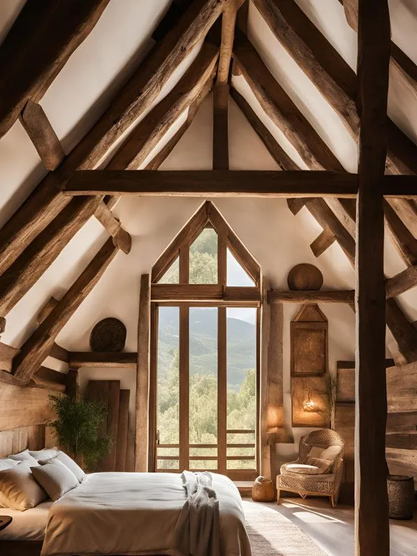 Exposed Wooden Beams for Boho Farmhouse Bedroom