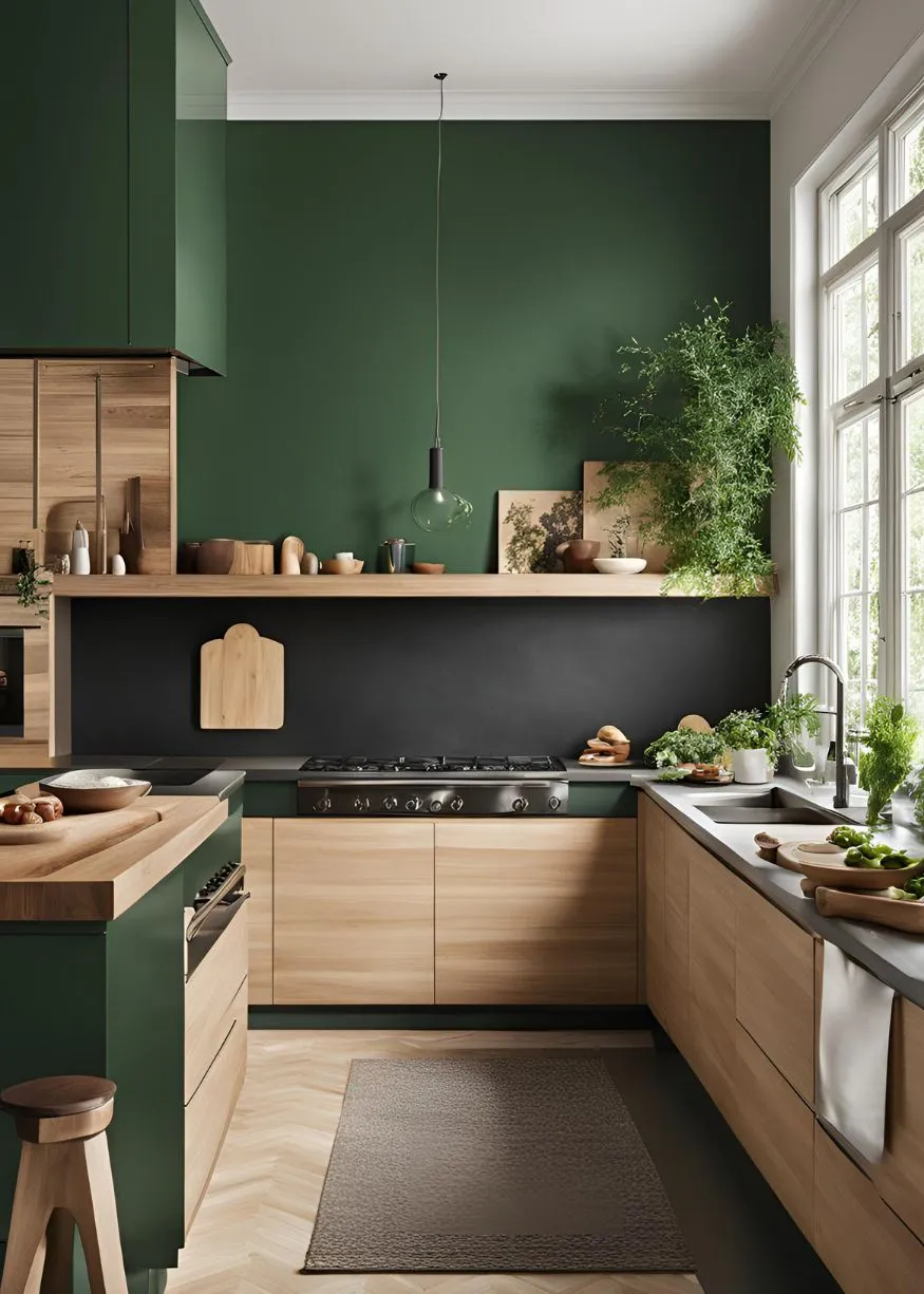 Forest Green and Wood color for Kitchen