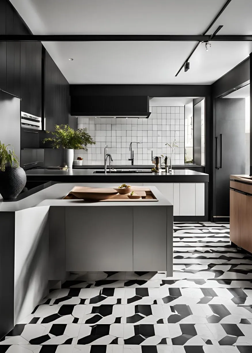 Geometric Tile Floor for Black and White Kitchen