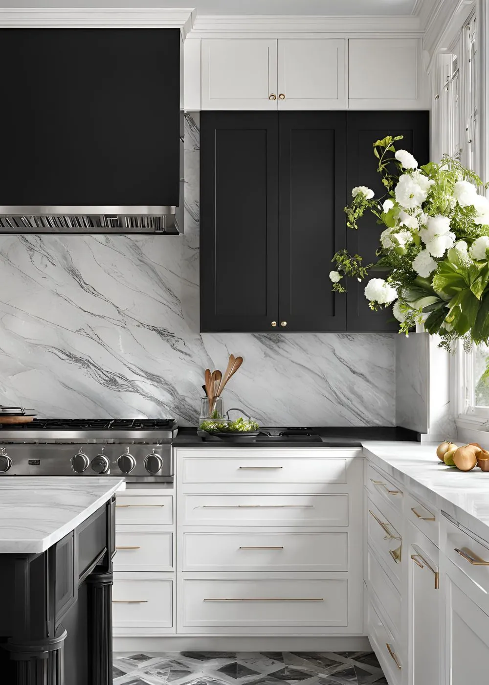 Marble Backsplash for Black and White Kitchen