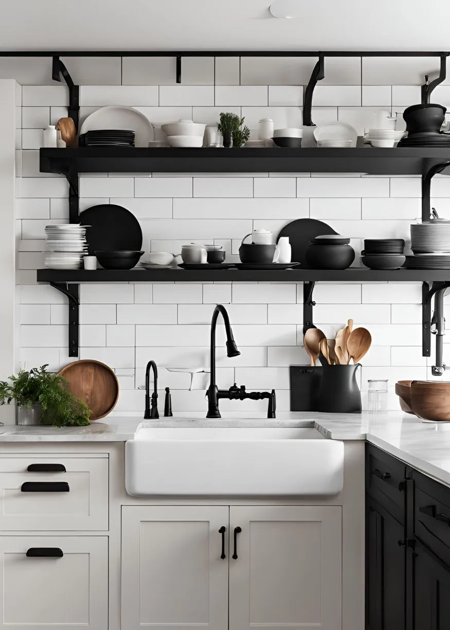 Open Shelving with Black Hardware for Black and White Kitchen
