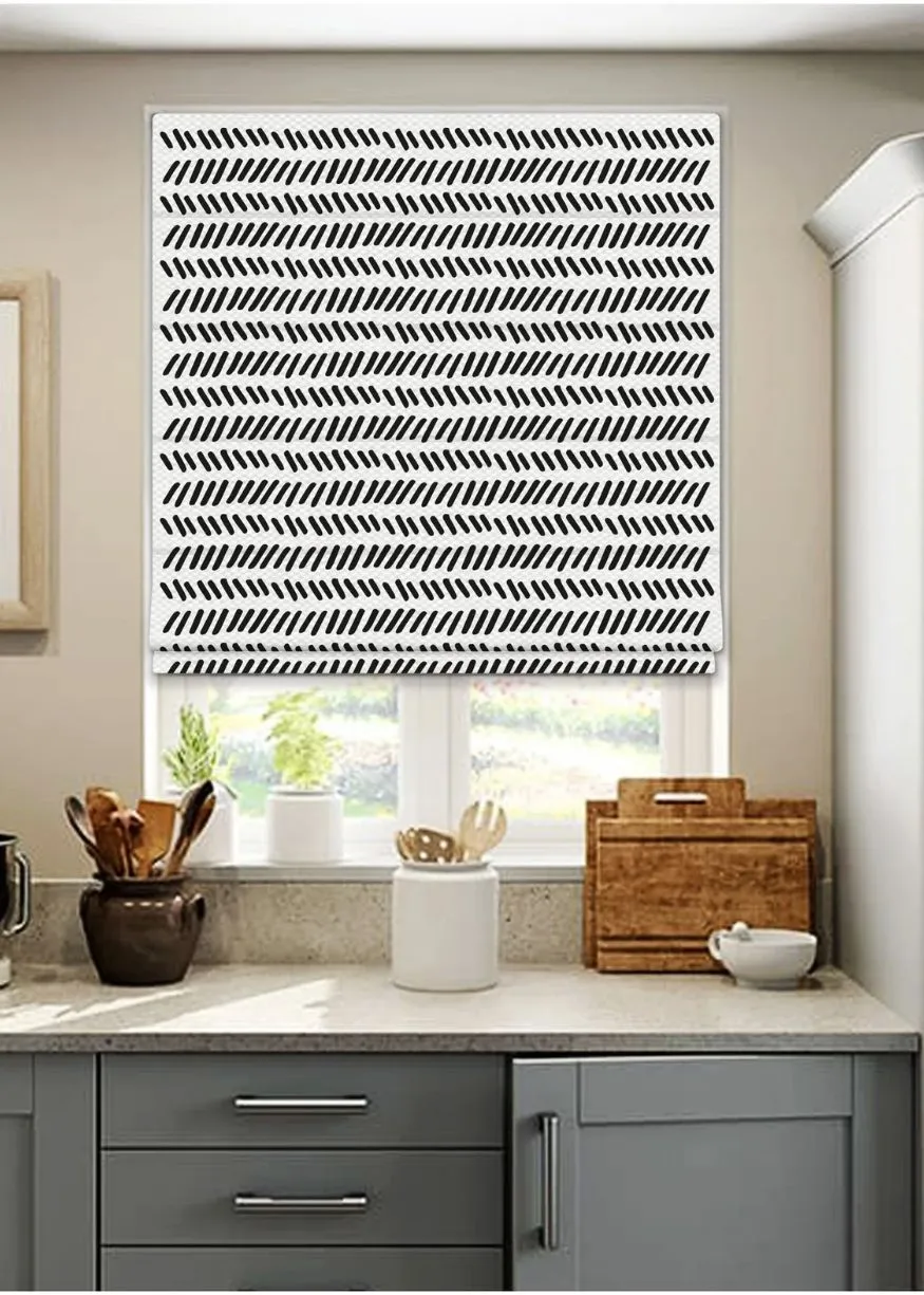 Striped Roman Shades for Black and White Kitchen