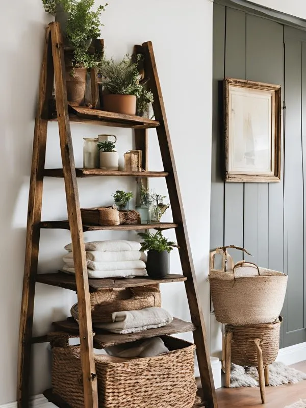 Vintage Ladder as Storage for Boho Farmhouse Bedroom