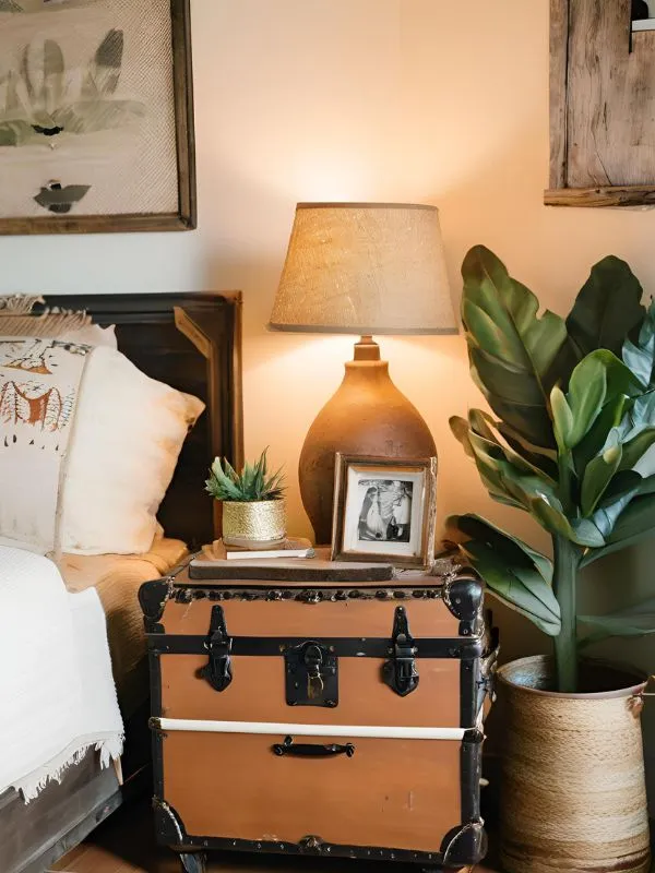 Vintage Trunk as Nightstand for Boho Farmhouse Bedroom
