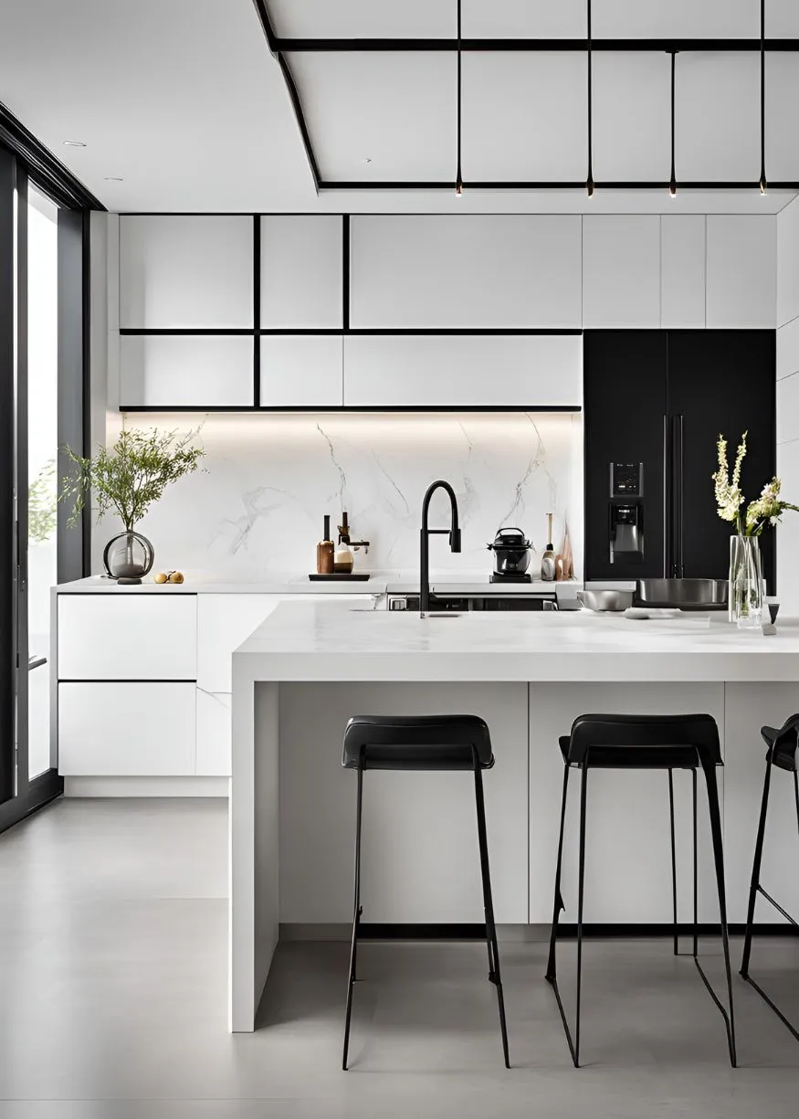 White Cabinets with Black Hardware for Black and White Kitchen