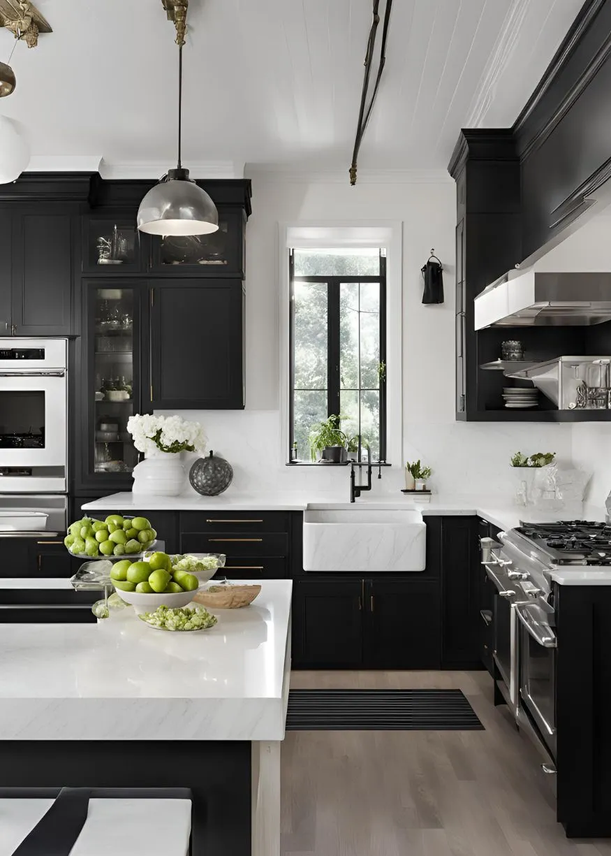 White Countertops, Black Cabinets for Black and White Kitchen