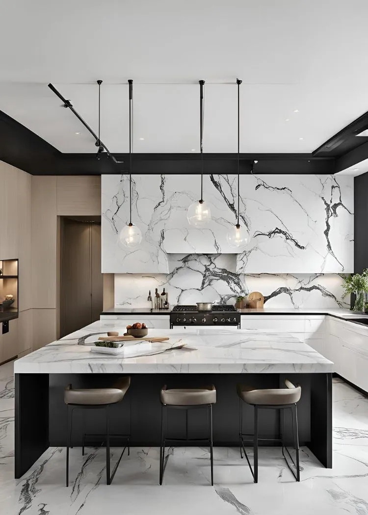 White Marble with Black Veining for Black and White Kitchen