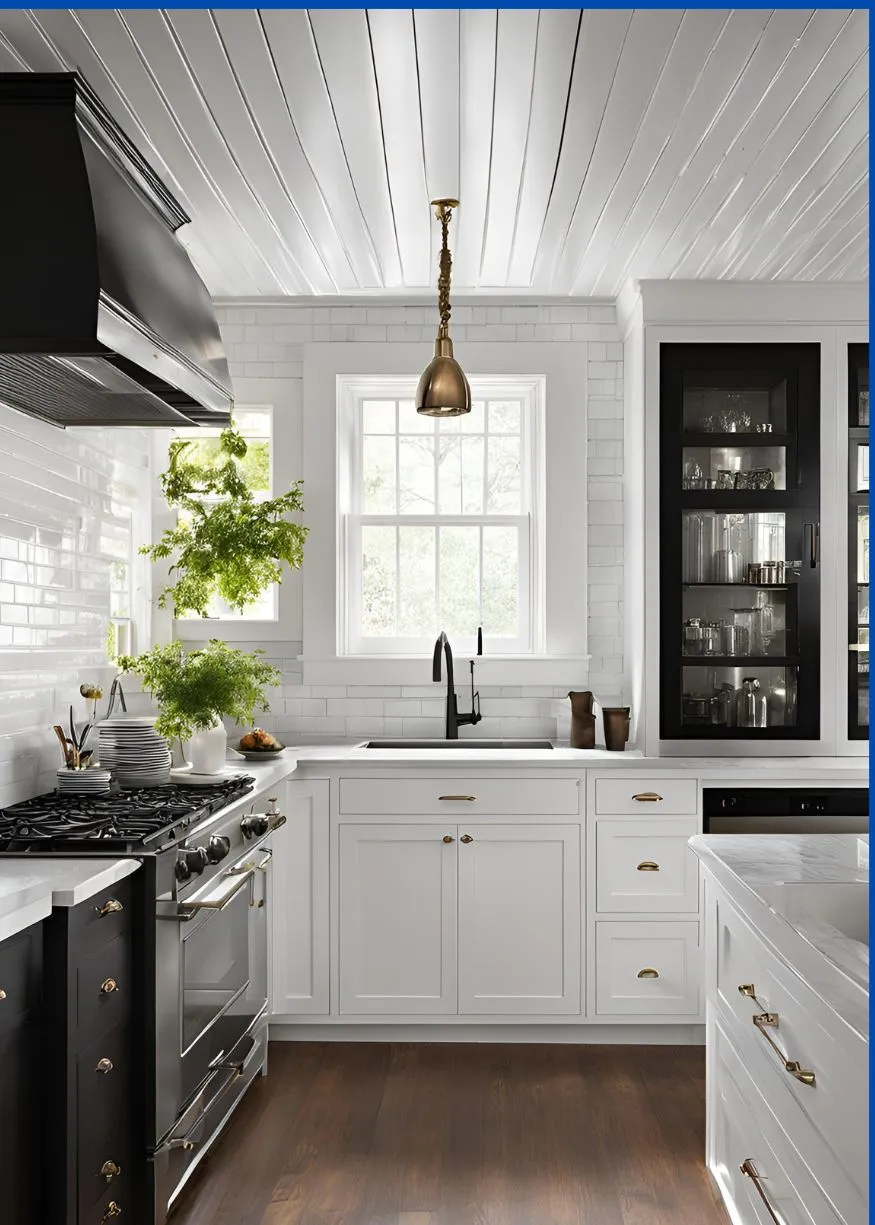 White Subway Tile to the Ceiling for Black and White Kitchen