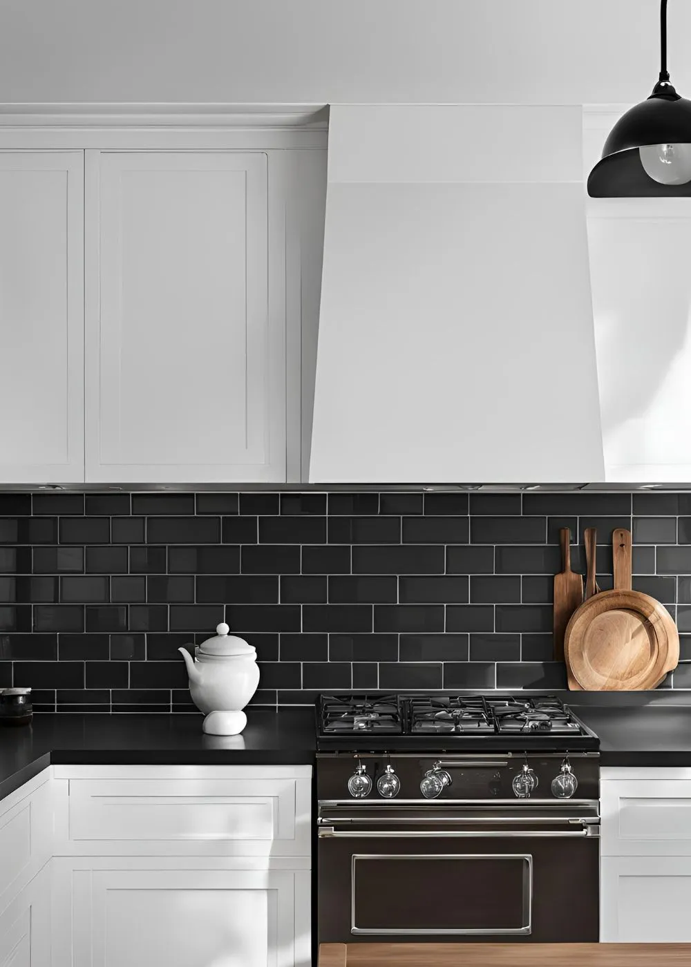 White Subway Tiles with Black Grout for Black and White Kitchen