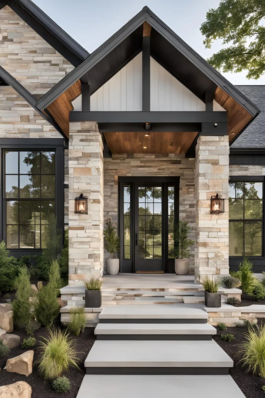Add Stone or Brick Accents For Modern Farmhouse Exterior Designs