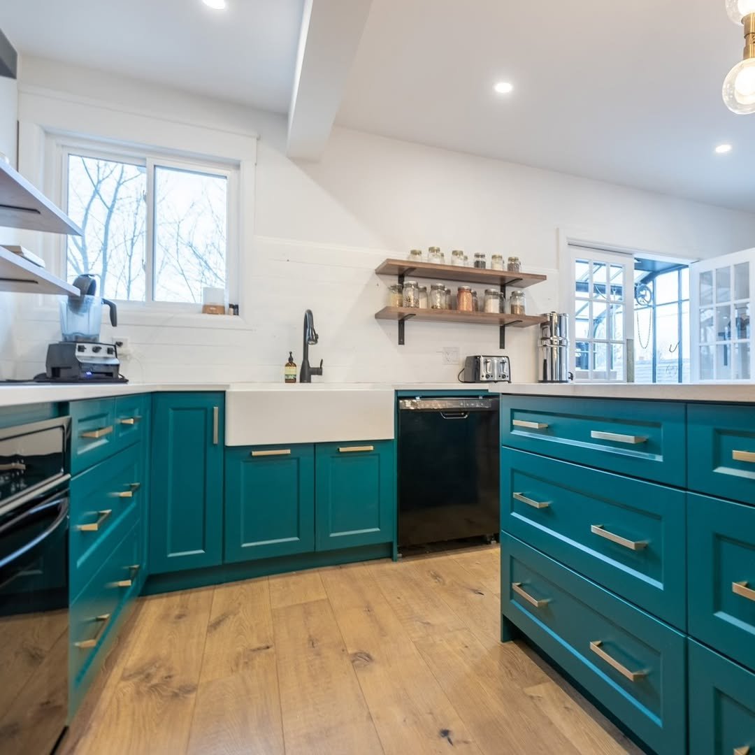 Bold Teal with Inspiring Kitchen Cabinet