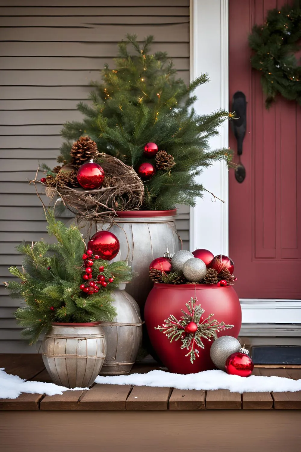 Festive Ornaments and Twigs For Winter Planters Front Porch
