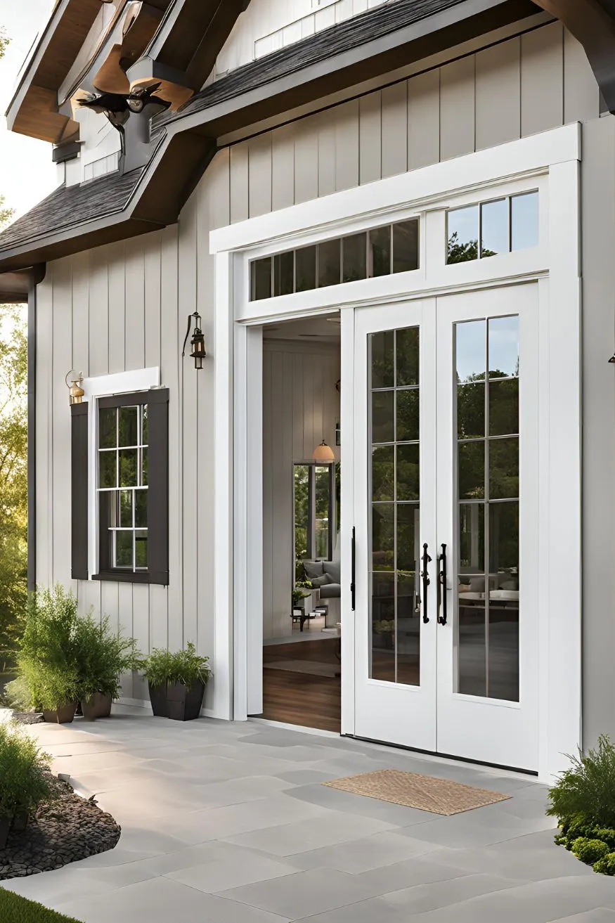 Install Large, Paned Glass Doors For Modern Farmhouse Exterior Designs