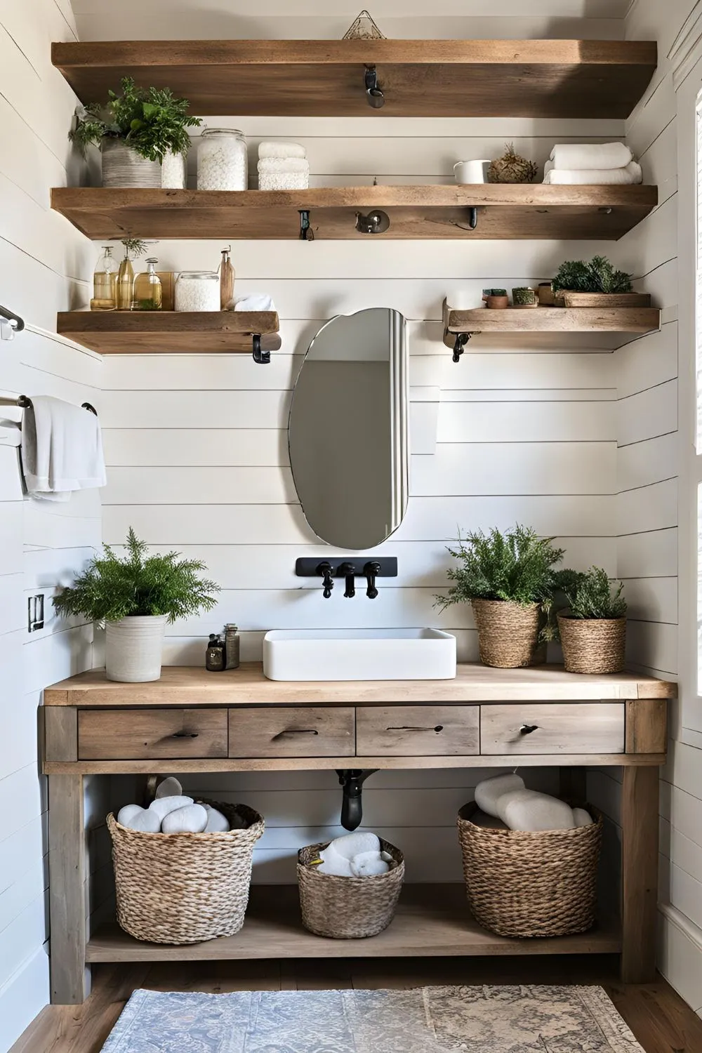Open Floating Shelves for Farmhouse Bathroom