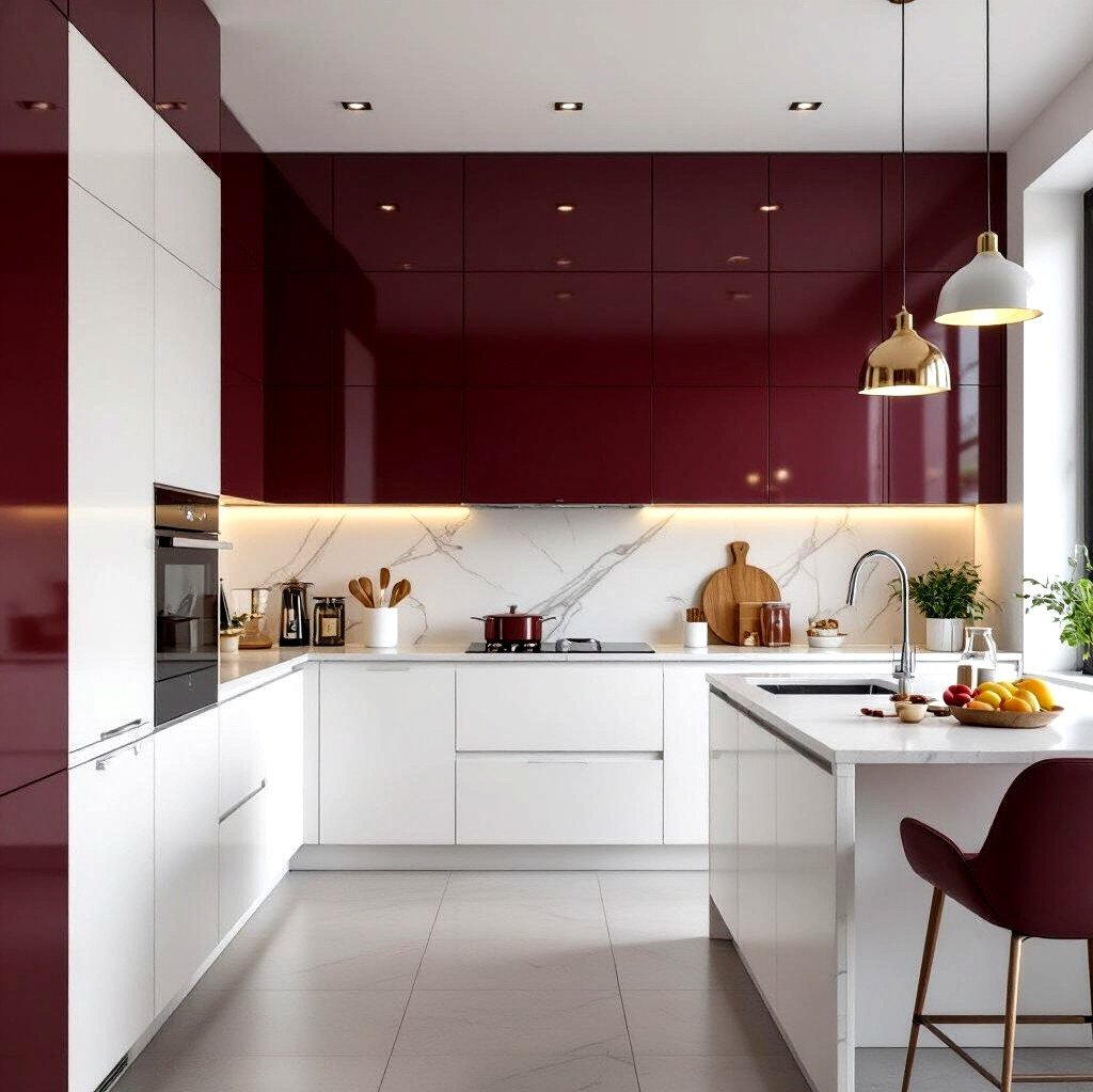 Rich Burgundy with Inspiring Kitchen Cabinet