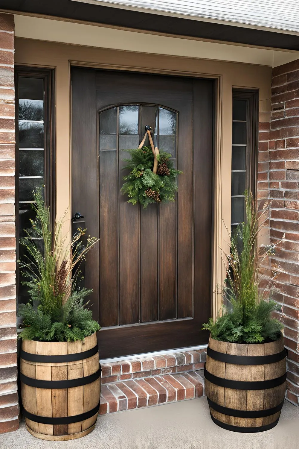 Rustic Wooden Barrels For Winter Planters Front Porch