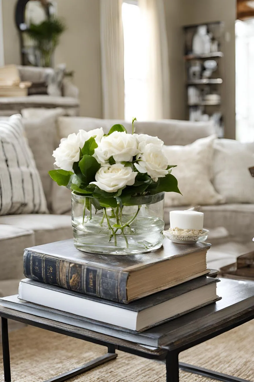Use Books as Risers for Other Items for Creative Coffee Table Decor Ideas