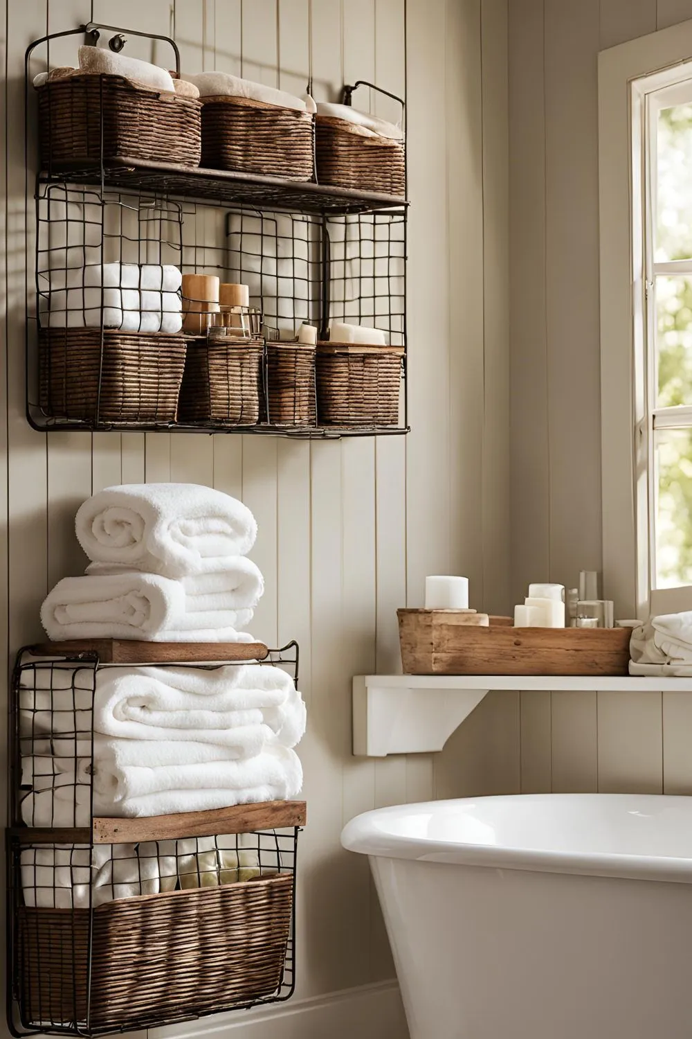 Wire Basket Wall Storage for Farmhouse Bathroom
