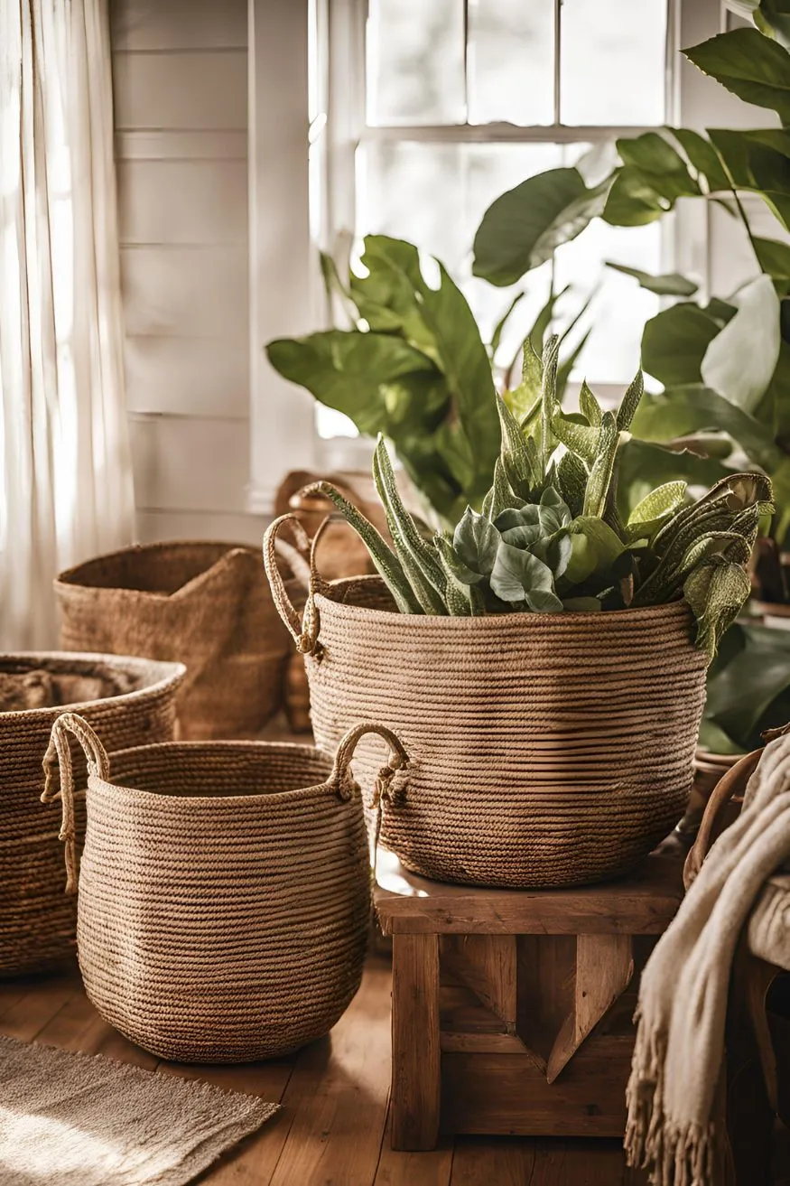 Woven Baskets for Storage In Boho Farmhouse