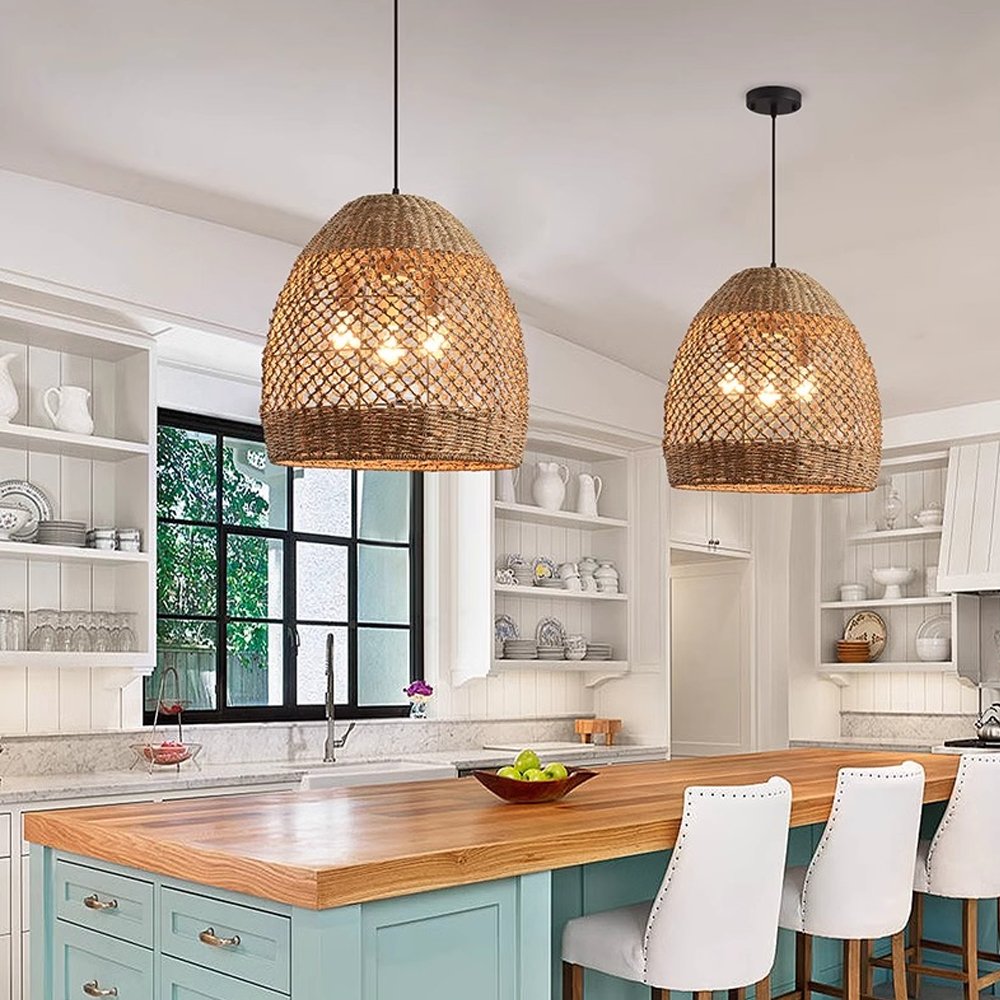 Woven Light Fixtures Farmhouse Kitchens
