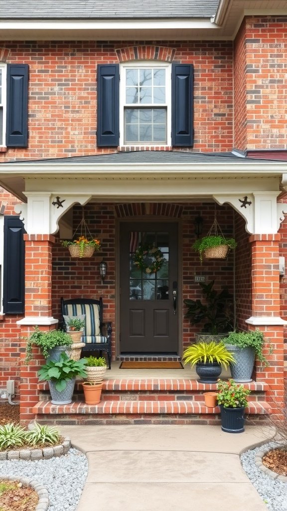 A welcoming front porch with seating and potted plants on a brick house.
