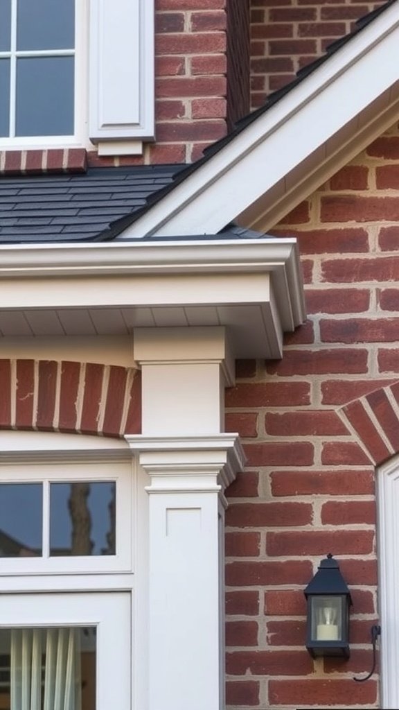 Close-up of modern trim and molding on a brick house exterior.