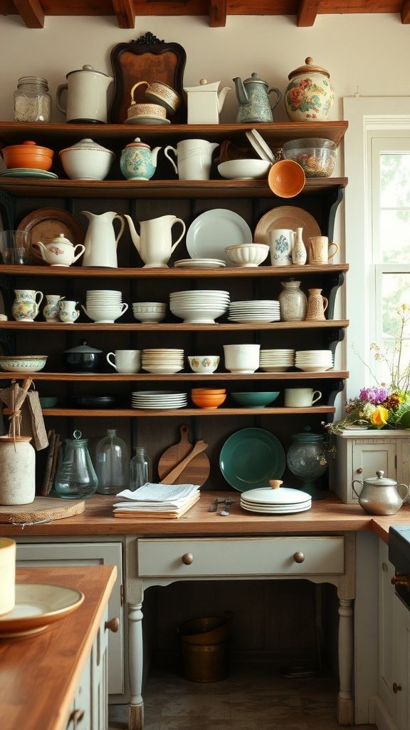 A rustic kitchen shelf filled with antique and vintage dishware, showcasing a variety of colors and styles.