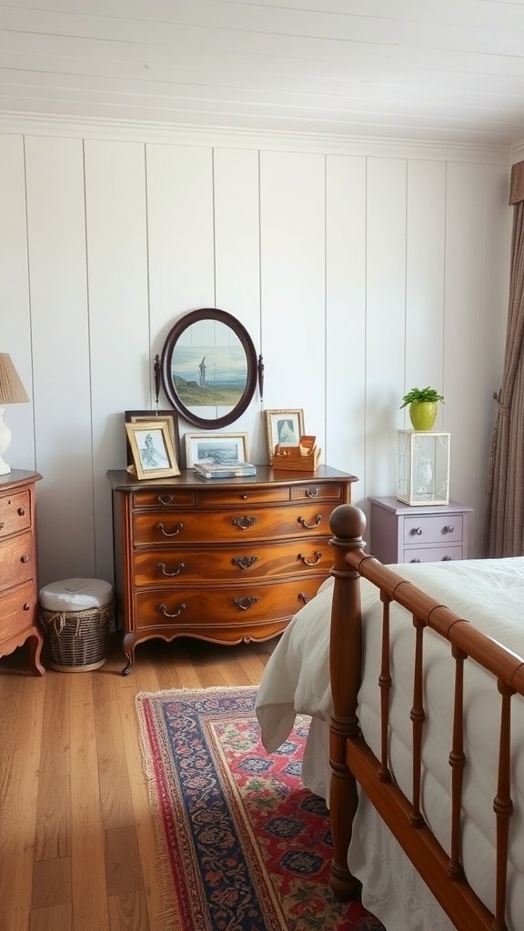 A cozy cottage bedroom featuring antique furniture, including a wooden dresser, bedside table, and a vintage bed.
