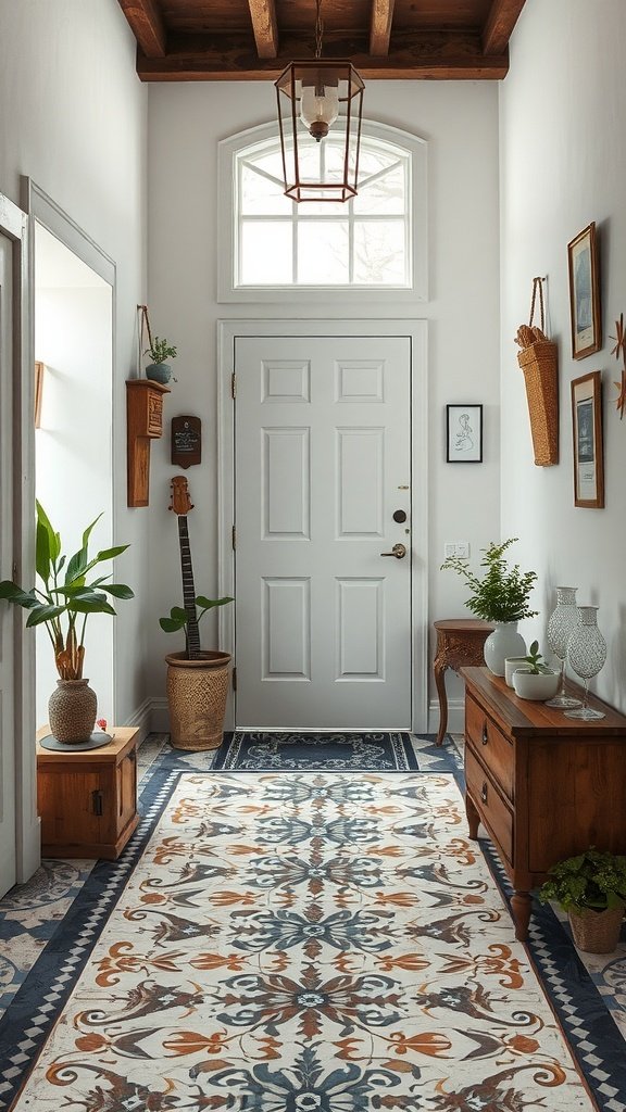 Artistic stenciled floor design in a bright entryway