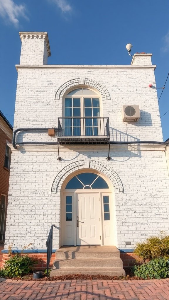Off-white brick house with a balcony and large windows