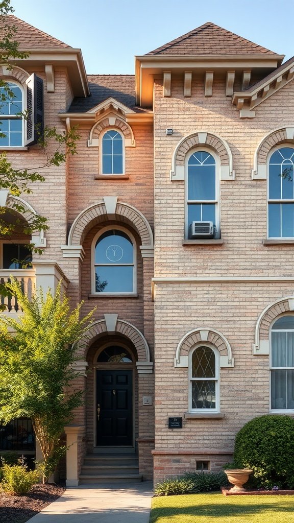 A beige brick house with unique architectural features including arched windows and detailed trim.