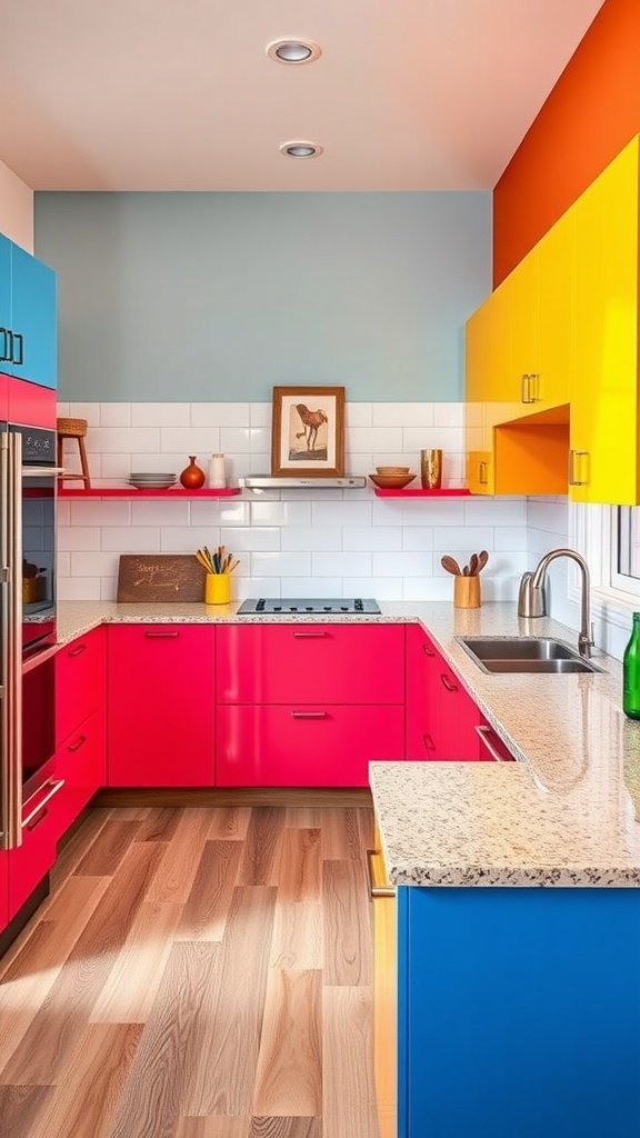 A vibrant U-shaped kitchen featuring pink, blue, and yellow cabinets with a light countertop.