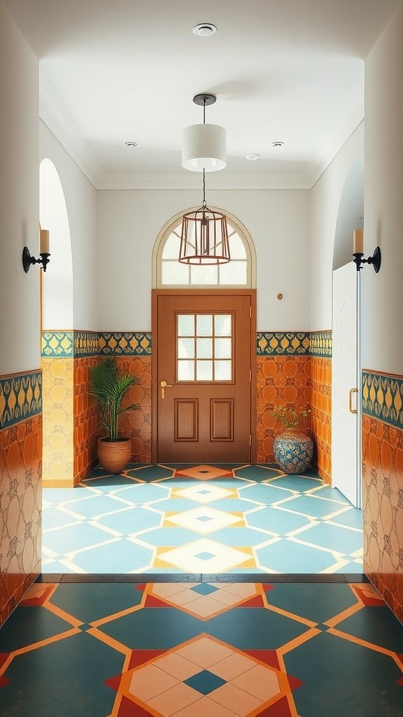 Entryway with bold geometric patterned floor tiles in vibrant colors