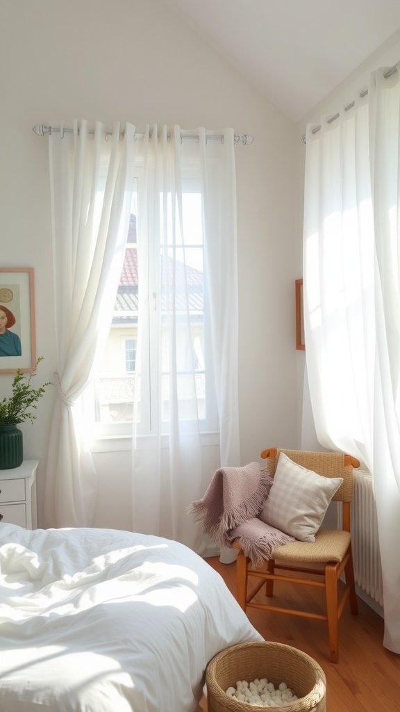 Cottage bedroom with white curtains, a bed, a chair, and decorative elements.