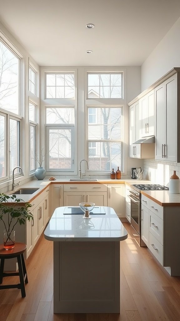 A bright U-shaped kitchen with large windows and modern cabinetry.