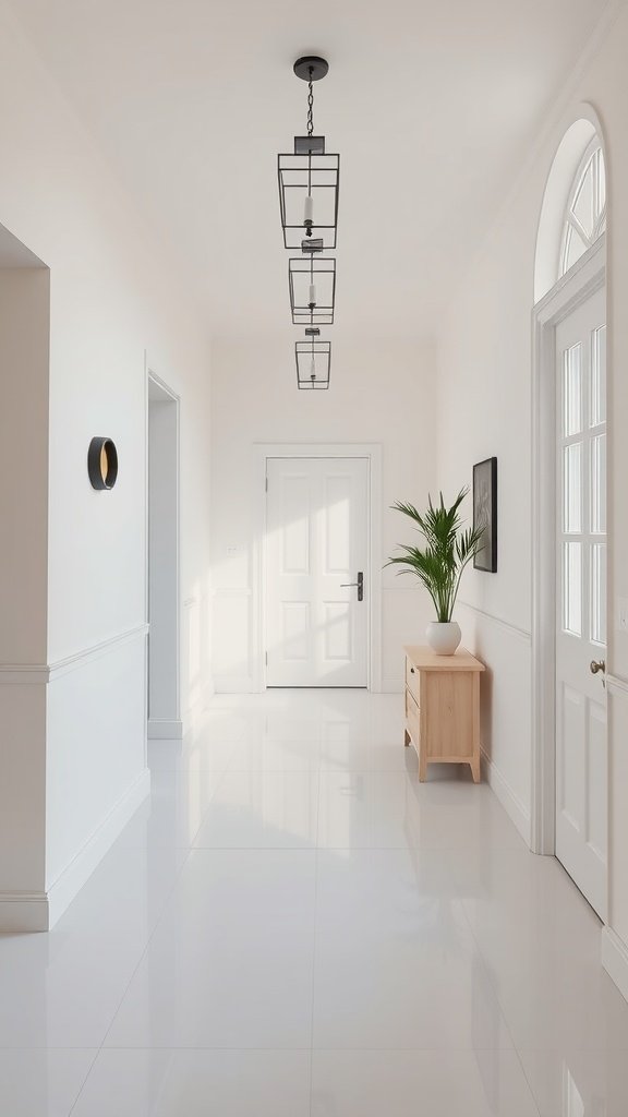 Bright white foyer with modern lighting and minimal decor.