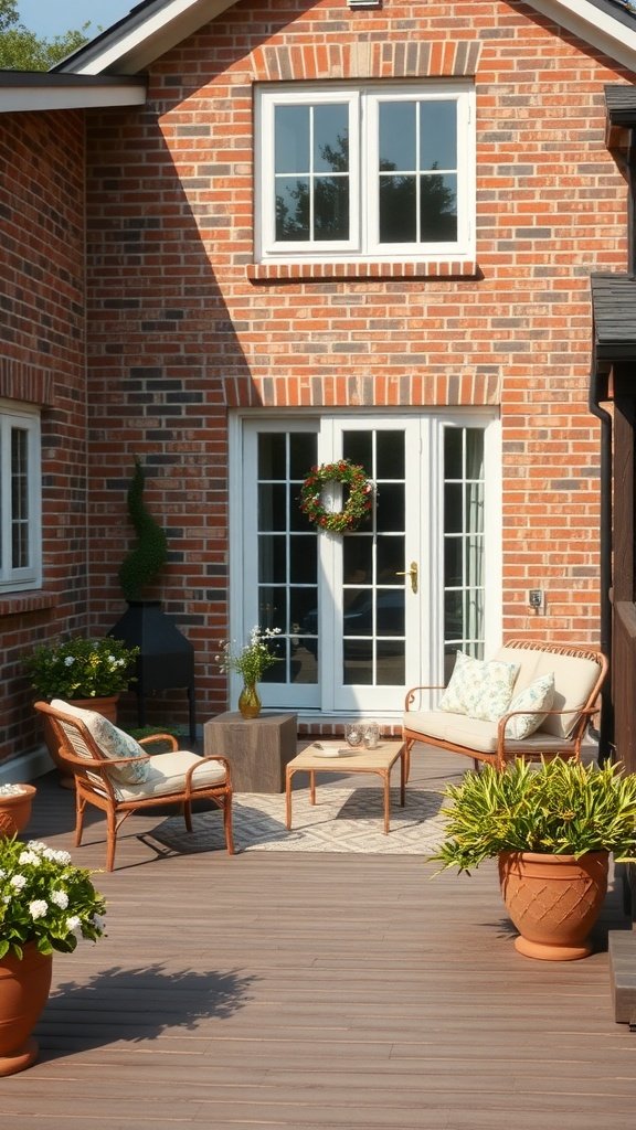 A cozy patio with comfortable seating and plants, perfect for relaxing.