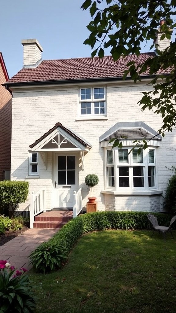 Off white brick house with a charming classic design, surrounded by greenery.
