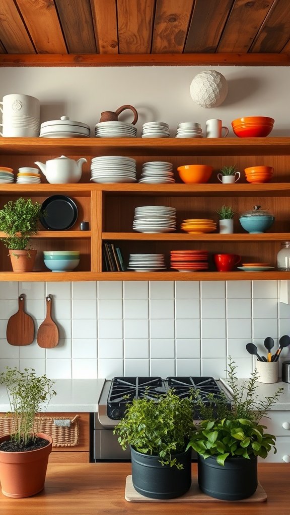 A charming cottage kitchen featuring open shelves with various dishes and plants.