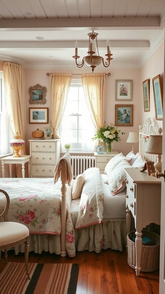 A cozy shabby chic bedroom with soft pastel colors, floral patterns, and vintage furniture.