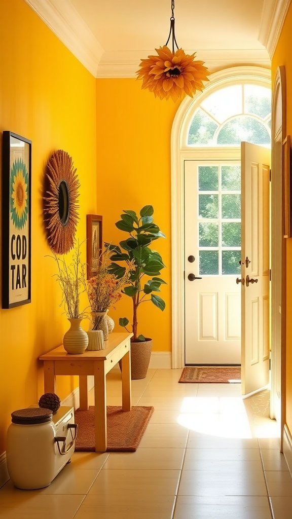 Foyer painted in sunflower yellow with a welcoming decor