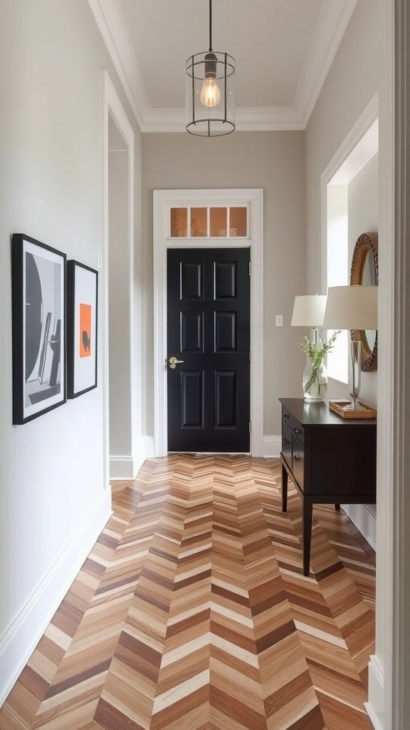 Entryway featuring chevron vinyl flooring with a stylish design and modern decor.