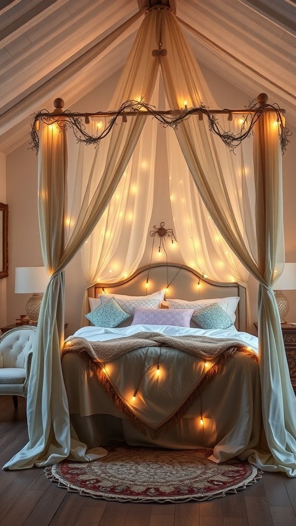 A beautifully styled canopy bed with soft drapes and string lights, creating a cozy bedroom atmosphere.